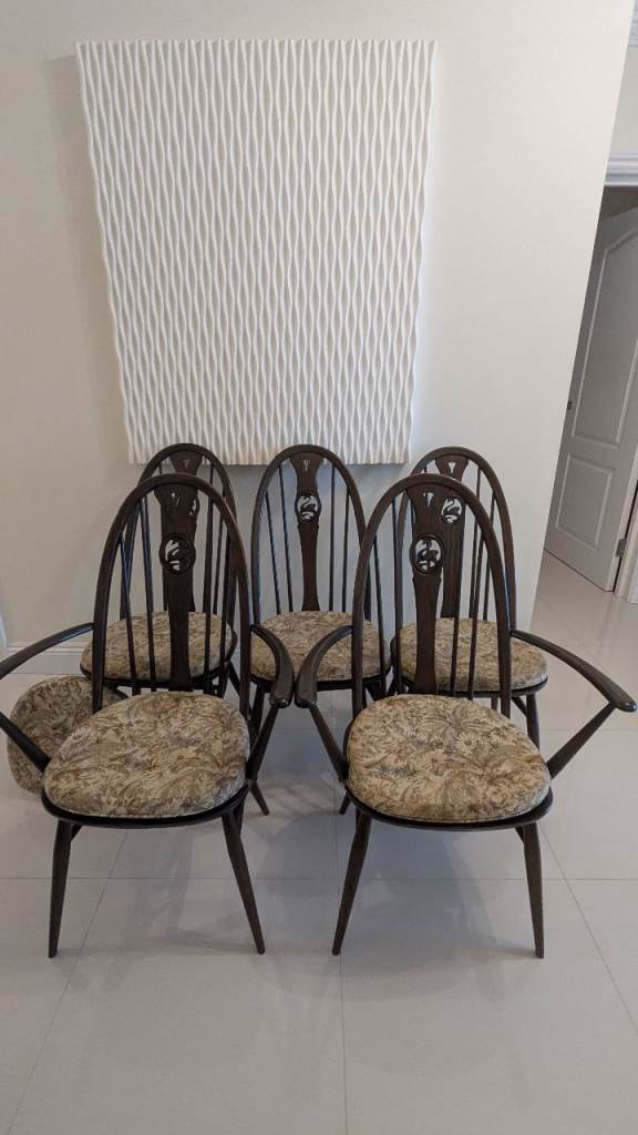 5 Ercol Quaker Dining Chairs Swan Back Solid Wood