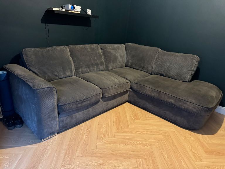 Large Grey Corduroy Corner Sofa with Chaise
