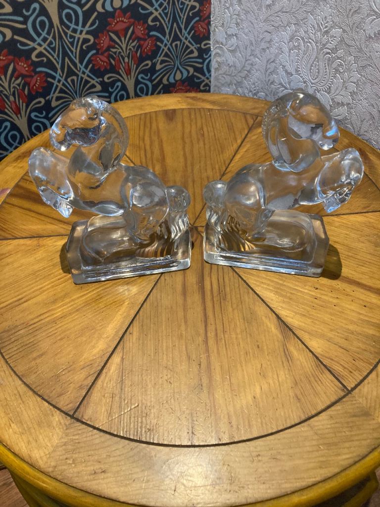 Pair of clear crystal book ends - horse sculptures