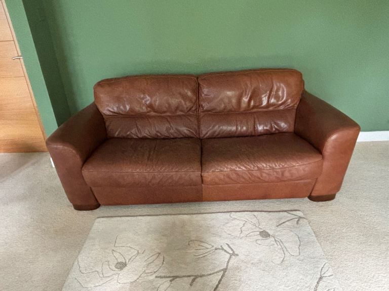 Comfortable Brown Leather Sofa and Armchair Suite