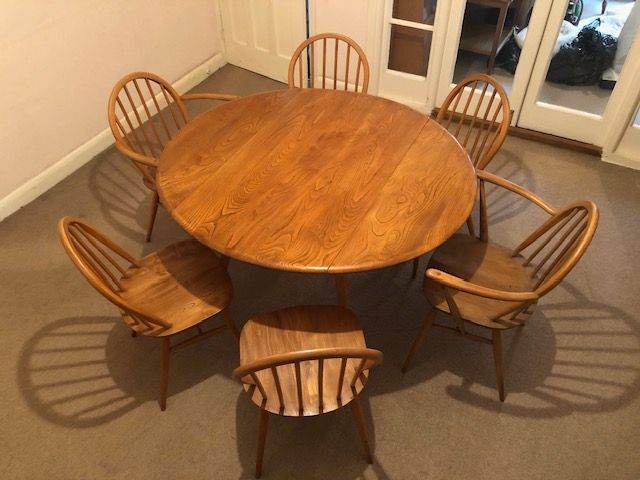 Ercol Windsor Vintage Round Drop Leaf Dining Table and Six Chairs