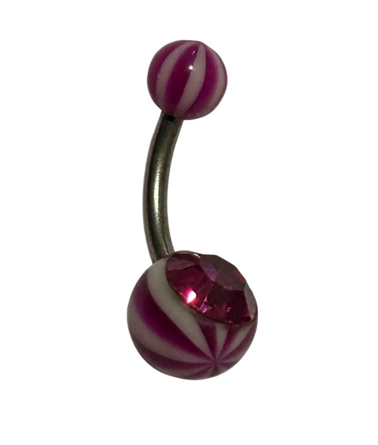 Pink & White Stripes With Pink Crystal Stone Surgical Steel Belly Bar Curved Body Piercing