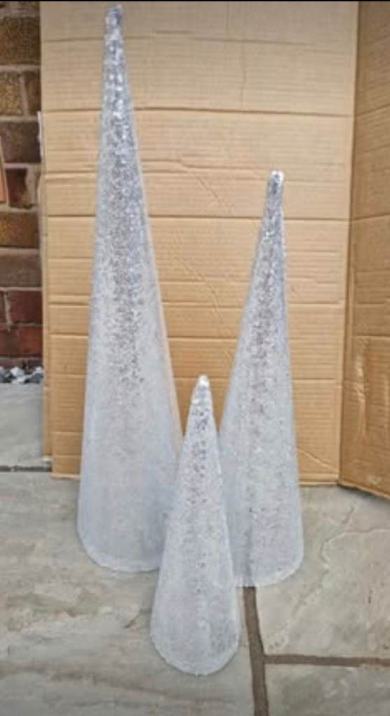 Set of 3 Silver Glitter Christmas Cone Decorations