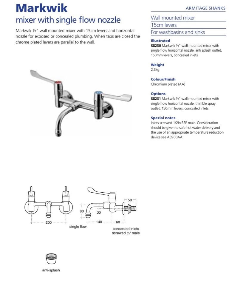 Armitage Shanks Markwik Wall Mounted Mixer With Single Flow Nozzle - Chrome