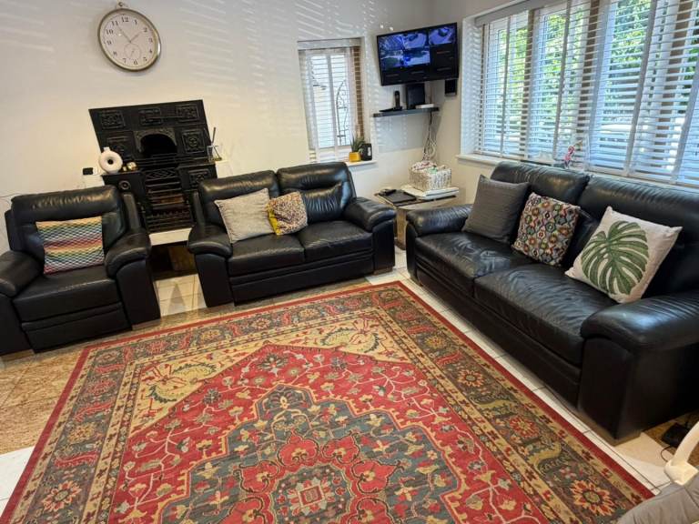 DFS Genuine Leather Sofa Suite – Black – Recliner Included