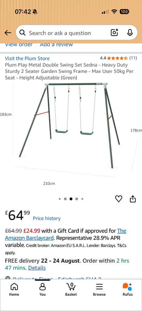  Plum Sedna Metal Double Swing Set - Brand New, Never Used (RRP £64.99)