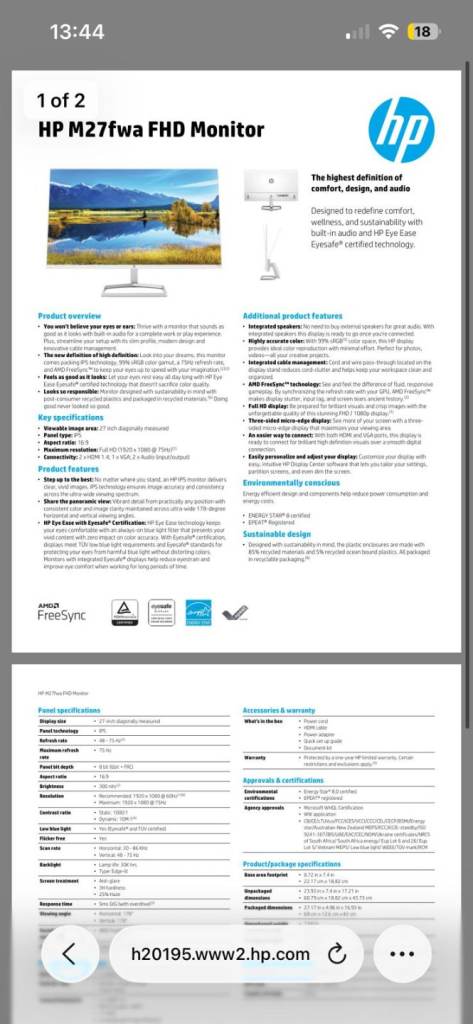 HP 27" white Monitor 