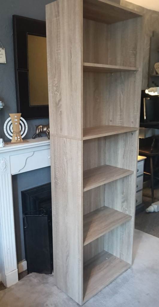 New tall oak effect shelving unit