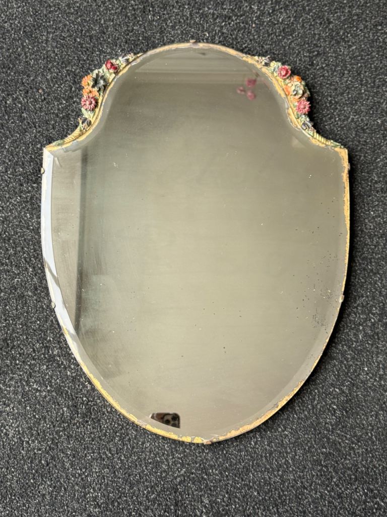 Antique vintage 1920s/30s Barbola gesso flowers wall mirror shield shaped