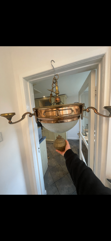 Huge Antique Victorian Copper &brass Ceiling Light Chandelier With Etched Shade