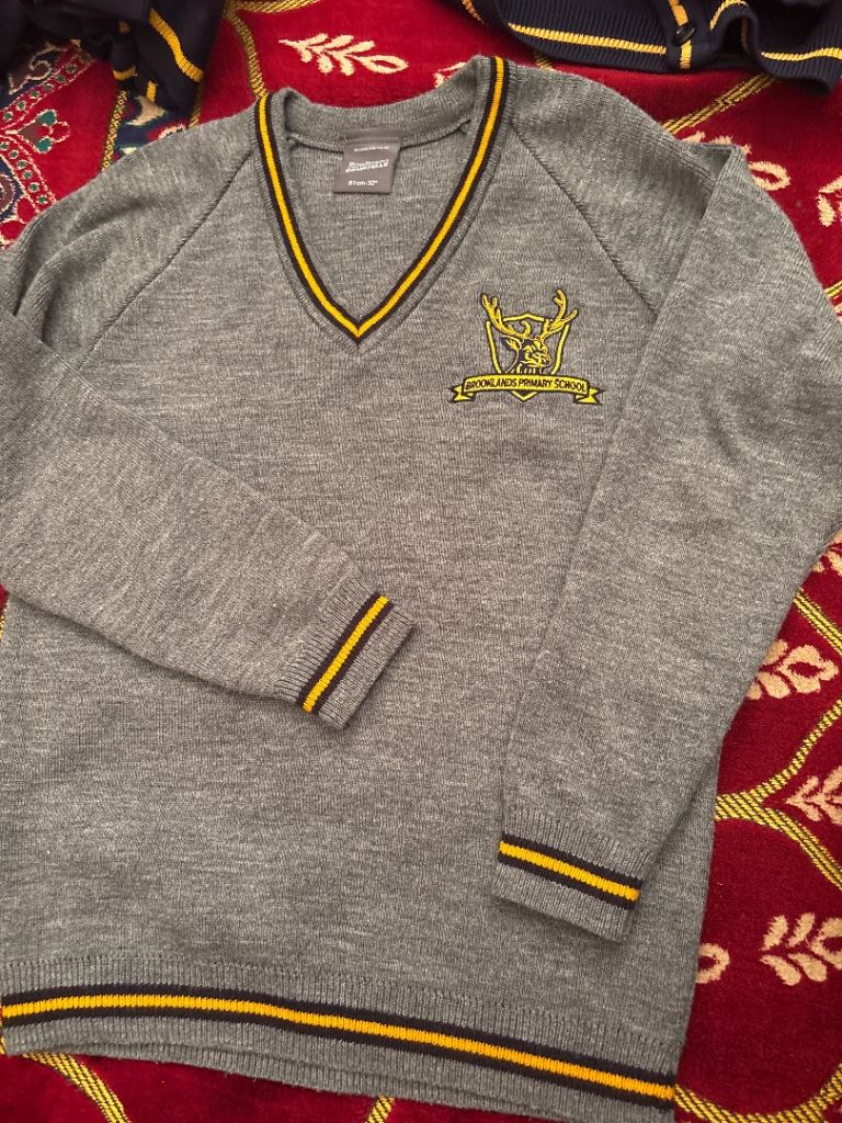 Brookland primary Sale Grey School Jumper with Yellow and Black Trim – Good Condition