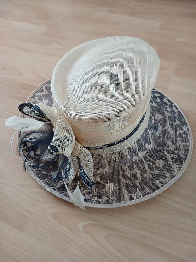 Elegant Beige & Grey Occasion Hat with Feather Detail
