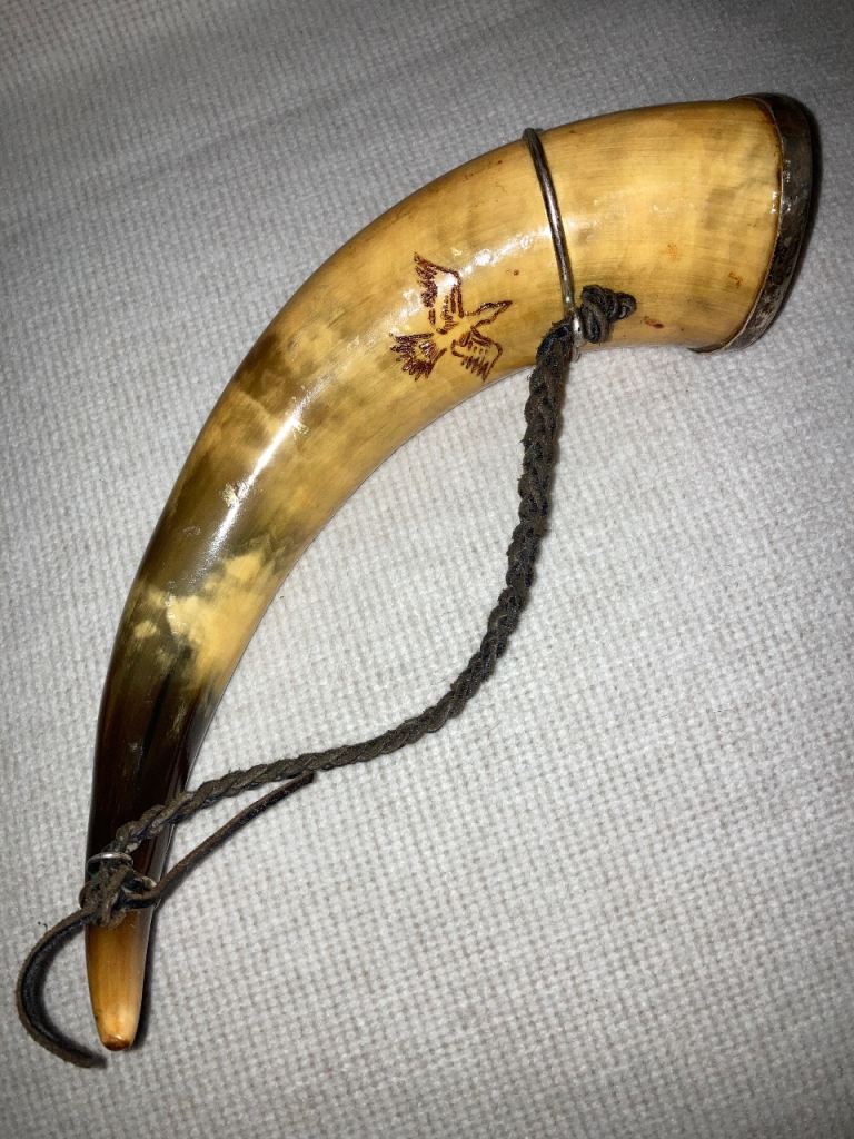 Vintage Powder Horn with Silver Rim and Bird Engraving