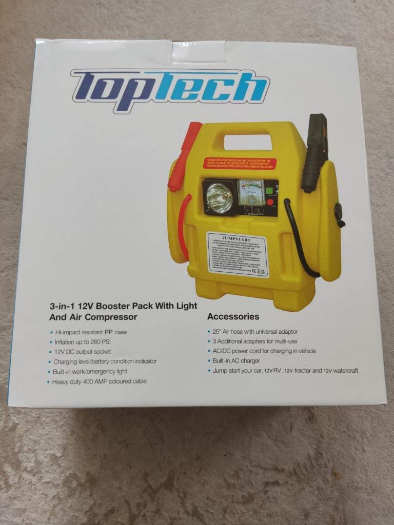 Toptech 3-in-1 12V Booster Pack with Light and Air Compressor