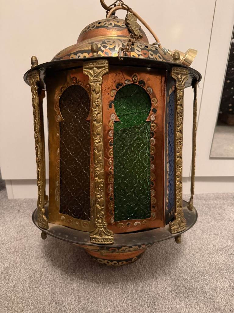 Large Antique Moroccan / Moorish Brass Hanging Lantern Light Fitting c. 1900s (Fully Working)