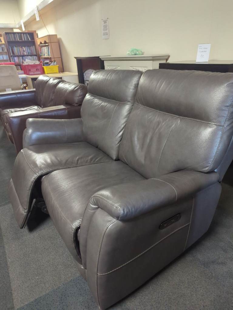 Grey Leather Electric Recliner Sofa 2 Seater w/ USB Ports - 