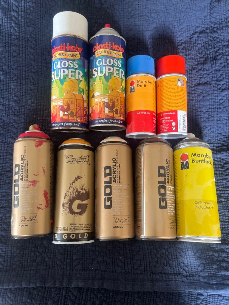 Mixed Brand Spray Paints - Plasti-Kote, Montana Gold, Marabu