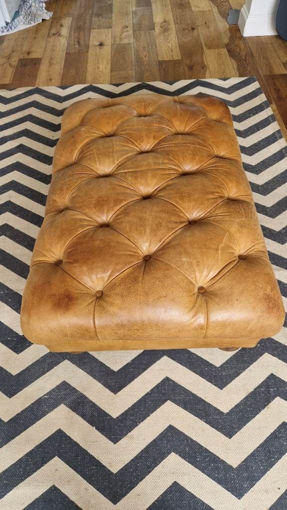 Tan Leather Tufted Footstool / Pouffe – Fair Condition