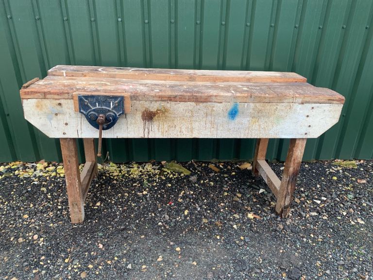 Vintage 1960's Wooden Workbench With Vice Heavy Duty Workshop Bench