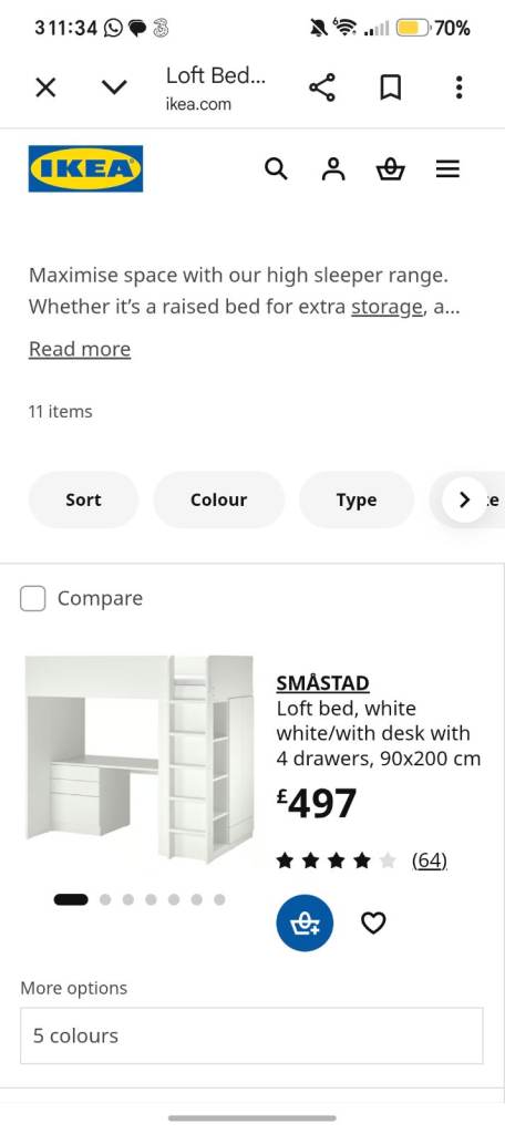 IKEA SMÅSTAD Loft Bed with Desk and 4 Drawers, White/Blue