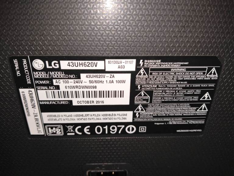 LG 43UH620V TV,  43 inch 4K Ultra HD Smart TV. 