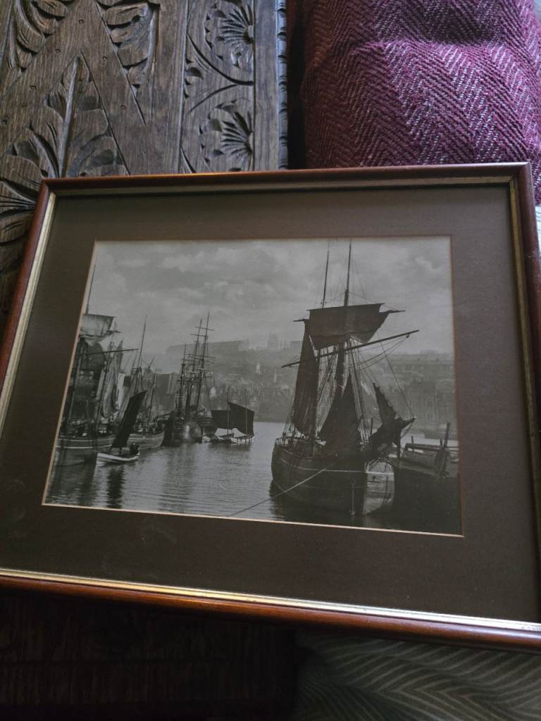Framed Black and White Harbour Scene Print – Good Condition
