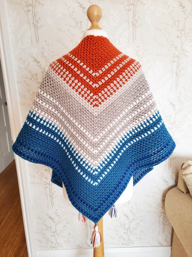 Handmade Warm Shawl for Winter. Striped Knitted Shoulder Wrap. Boho Chunky Crochet Accessory Tassels