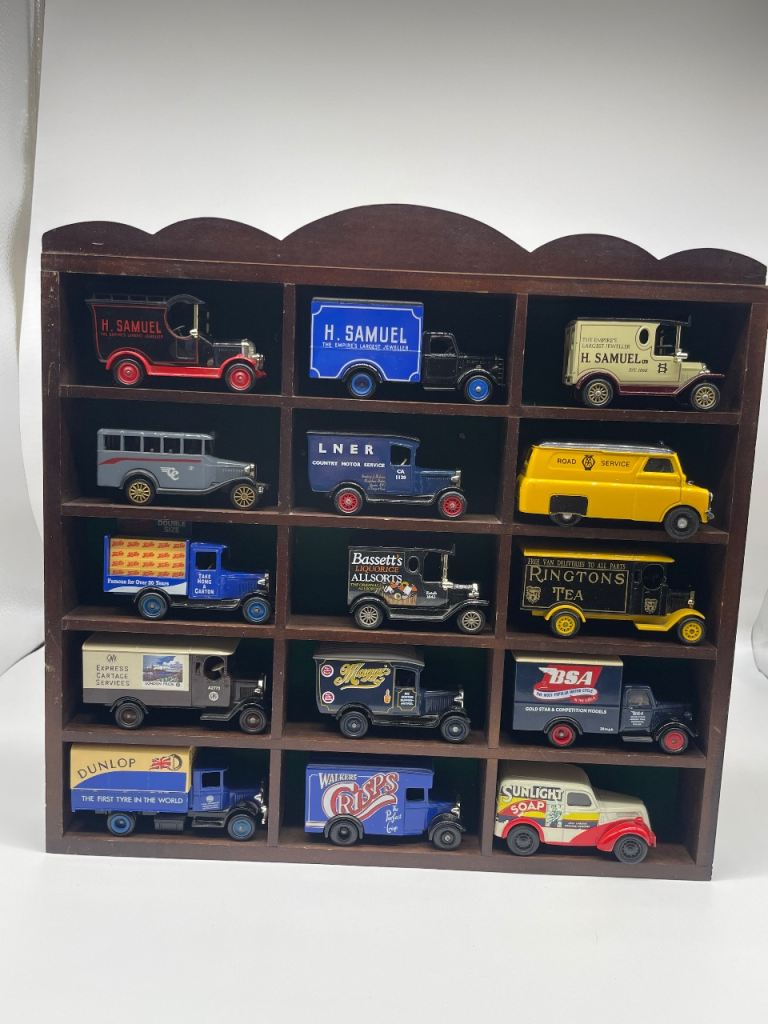 Vintage Matchbox Die-Cast Van Collection with Wooden Display Shelf