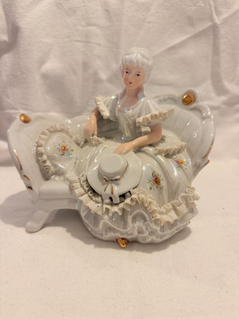 Vintage Porcelain Lady Figurine – Victorian Style, Iridescent Finish