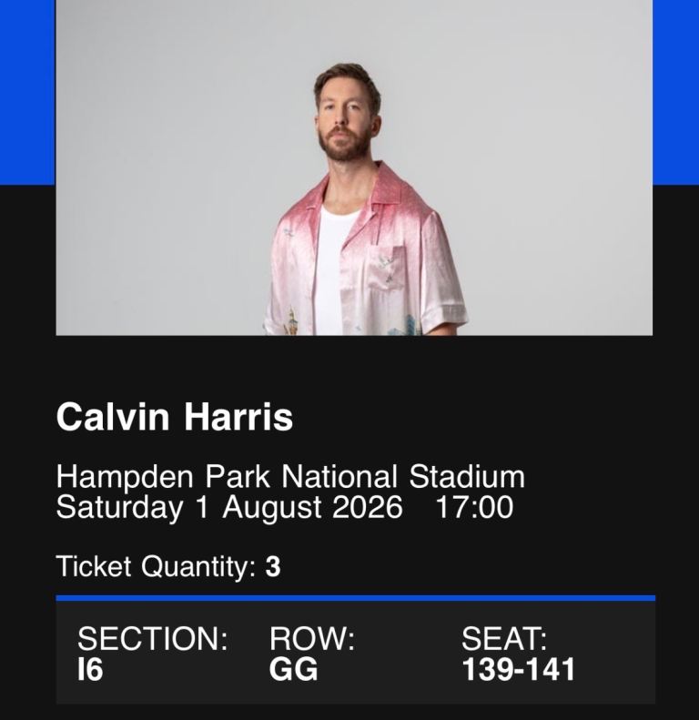 Calvin Harris Concert Tickets (3) – Hampden Park, August 2026