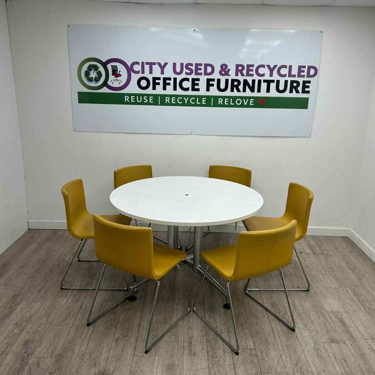 Techo Circular Meeting Set – Table + 6 Yellow Leather Chairs