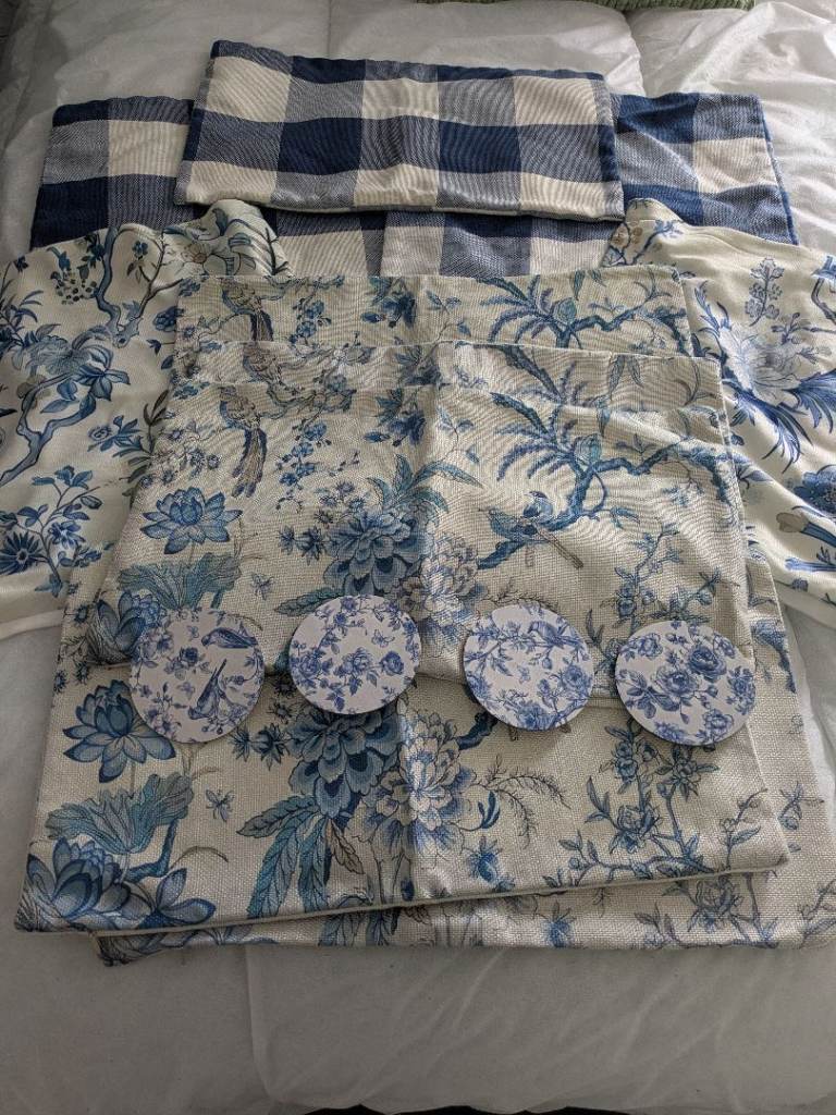 Blue & White Floral and Check Cushions with Coasters