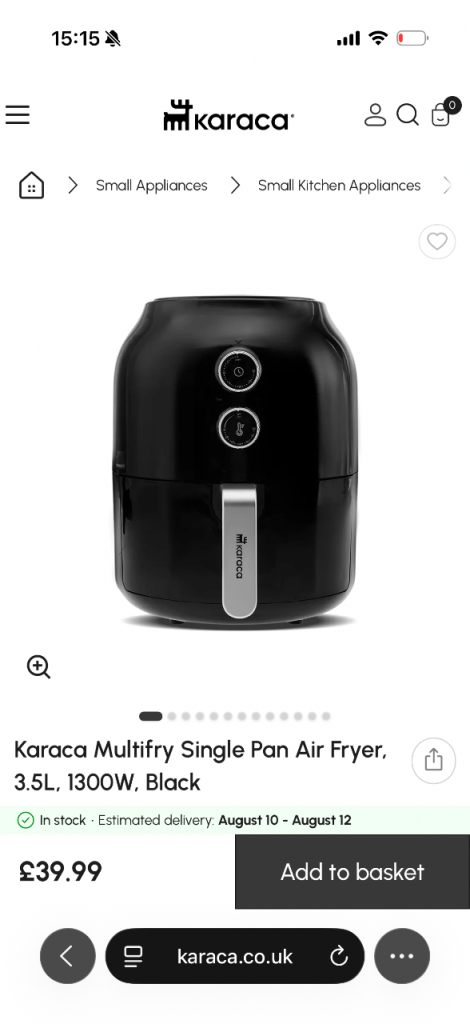 Karaca Multifry Single Pan Air Fryer 3.5L 1300W Black