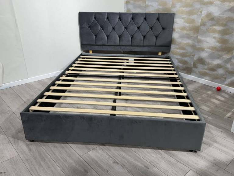 Double Bed With Mattress & Headboard – Grey Velvet Luxury Design | Sale Now ::