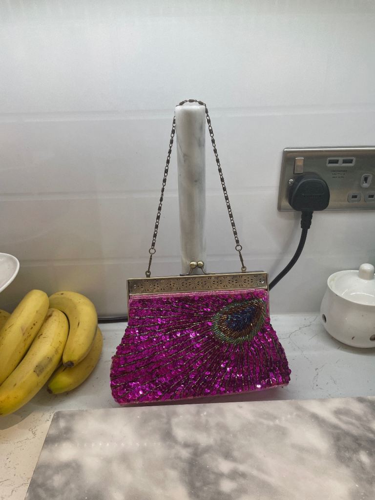 Pink Sequin Clutch Bag with Peacock Detail – Good Condition