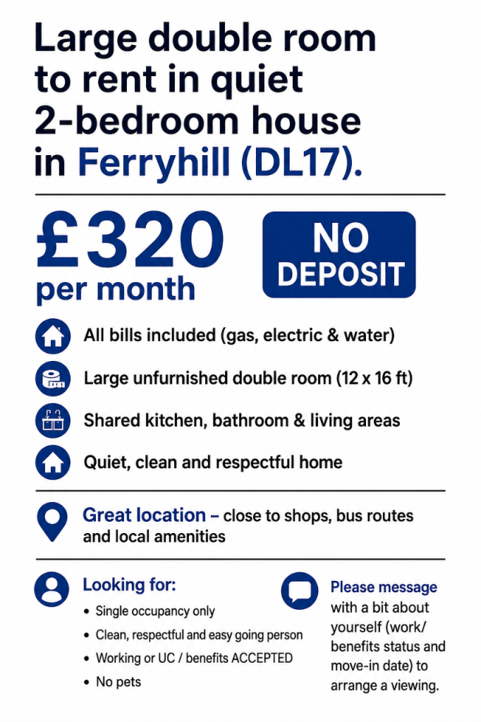 Room to Rent-Ferryhill-Bills Included