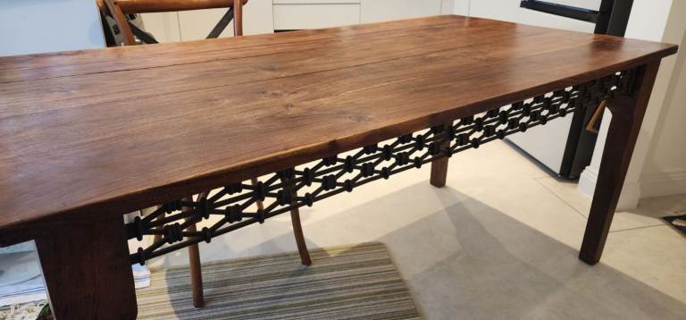 Solid Timber Dining Table with metal fretwork and 4 chairs