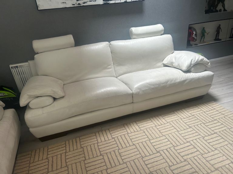 White Leather Sofas with Adjustable Headrests – Good Condition