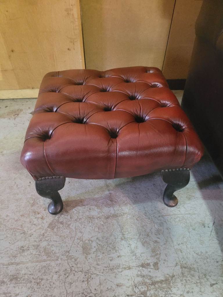 Vintage Style Brown Leather Footstool/Ottoman - Good Condition
