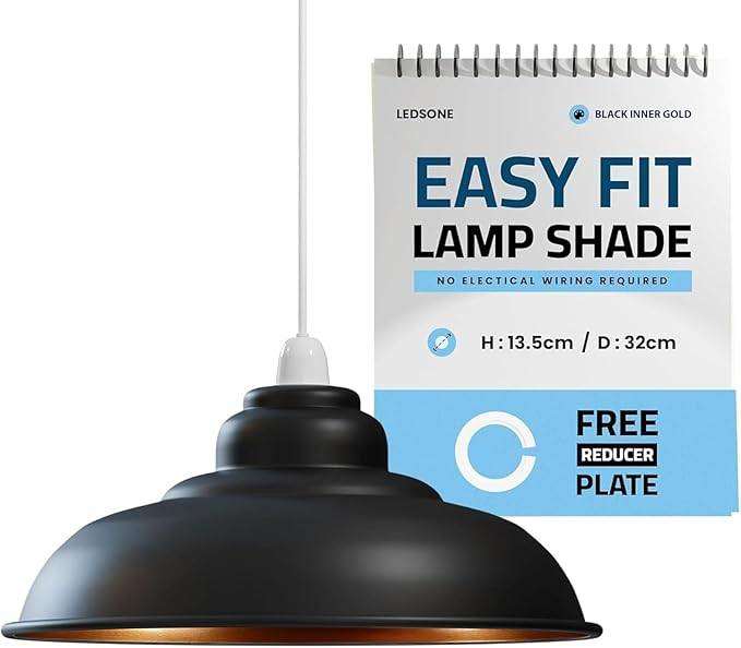 NEW LEDSONE Industrial Lampshade Metal Black with Brass/Gold Inner 32cm Easy Fit with Reducer Plate 