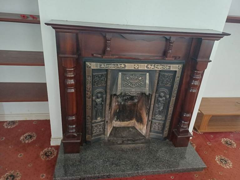 Mahogany Fireplace Surround with Cast Iron Inlay and marble hearth – Great Condition