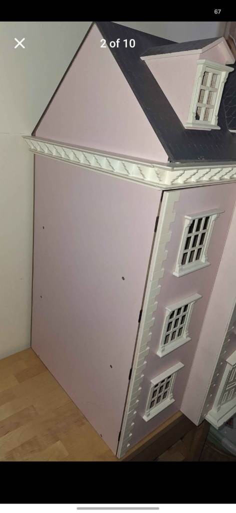 Large Wooden Dolls House with Furniture – Pink and White
