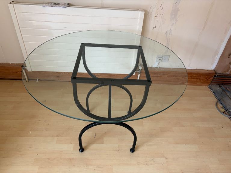 Glass Top Dining Table with Black Metal Base