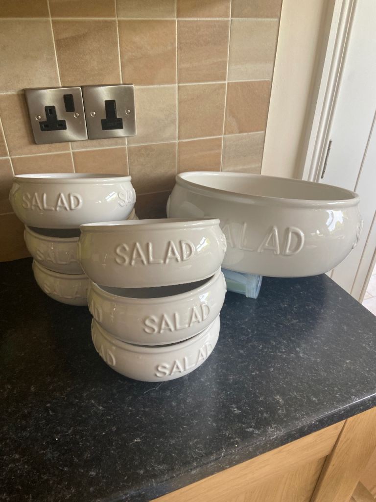 image for 7 White “S A L A D” Bowl Set - (1 EXTRA Large & 6 Smaller Sizes) - UNUSED 