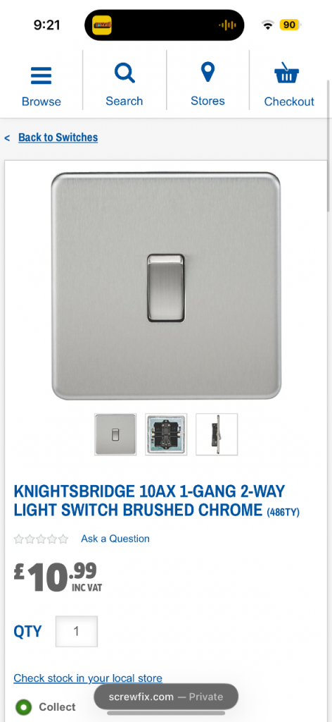 Knightsbridge 10AX 1-Gang 2-Way Light Switch Brushed Chrome - Screwfix