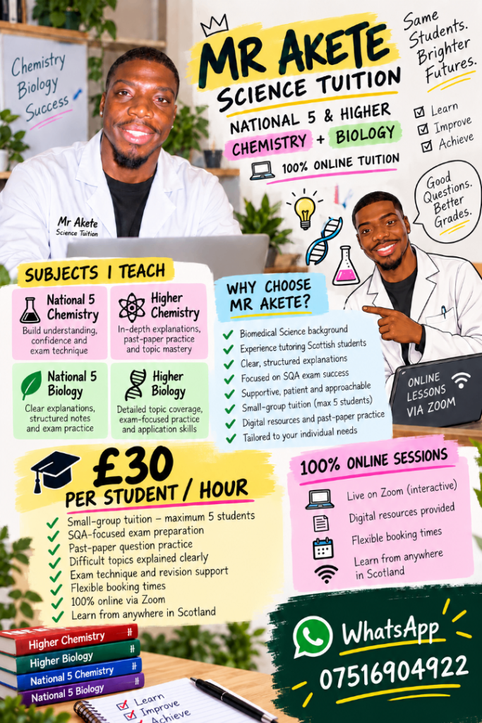 National 5 & Higher Chemistry & Biology Tutor | Online | £30/hr