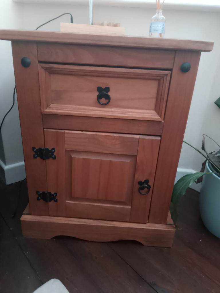 Wooden Bedside Table with Drawer and Cupboard – Good Condition