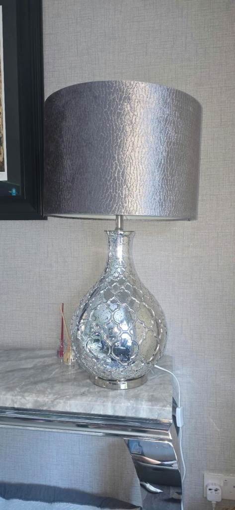 Lovely Silver Mirrored Table Lamp with Grey Shade