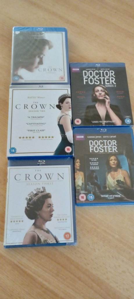 The Crown (Series 1 - 3) & Doctor Foster (Series 1 - 2). Blu ray. Brand new and sealed.