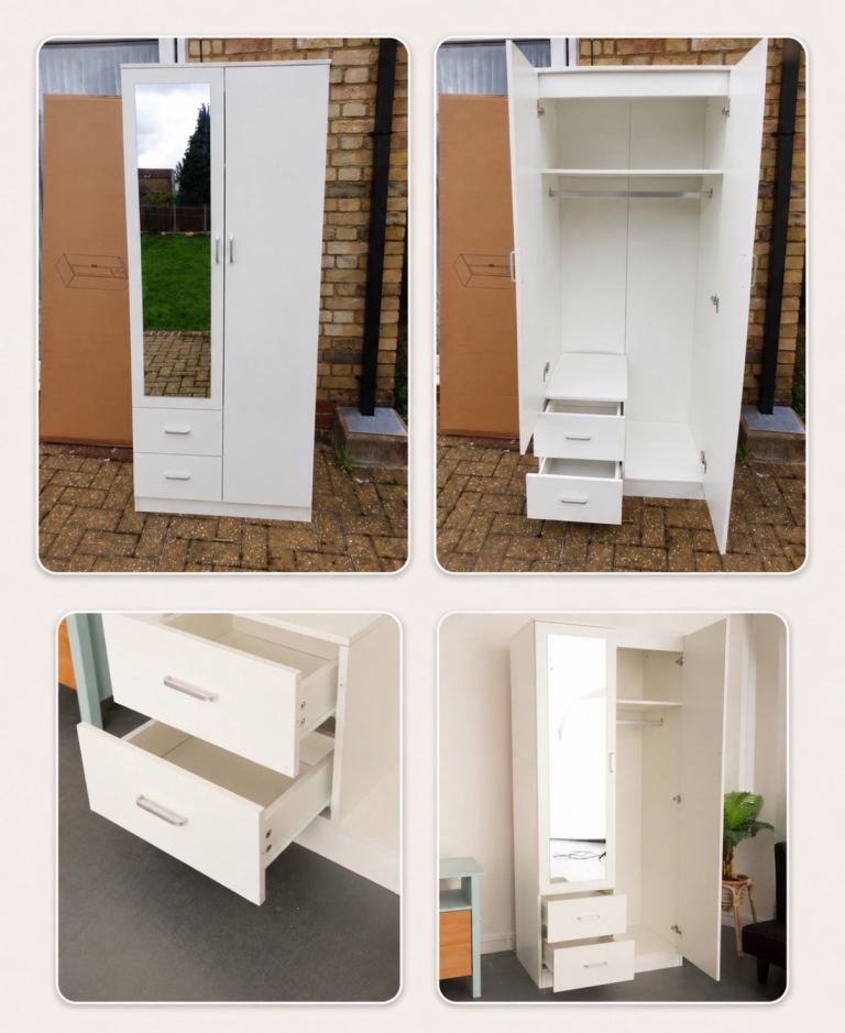 ✅ Brand New White 2 Door Wardrobe with Mirror & Drawers – Delivery Available